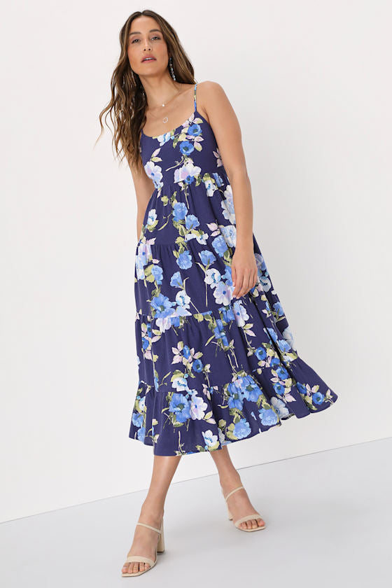 Mykonos Mood Pink and Ivory Floral Tie-Strap Tiered Midi Dress