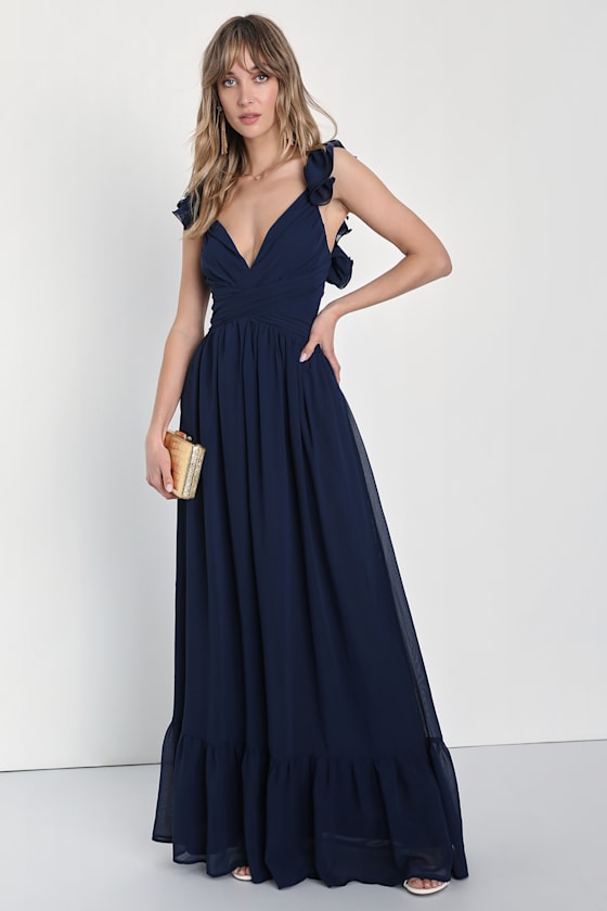 Soiree Celebration Blue Floral Ruffled Lace-Up Maxi Dress