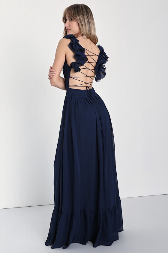 Soiree Celebration Blue Floral Ruffled Lace-Up Maxi Dress