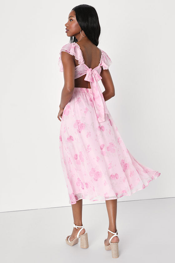 Loveliest Darling Light Green Floral Ruffled Tie-Back Midi Dress