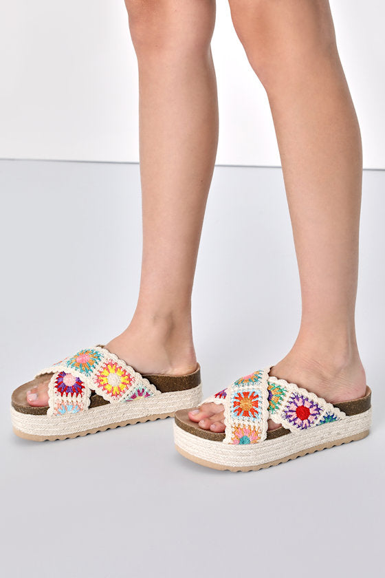 Plays Natural Multi Crochet Espadrille Flatform Slide Sandals