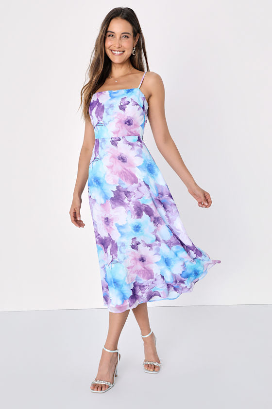 Radiant Feelings Orange and Purple Floral Chiffon Midi Dress