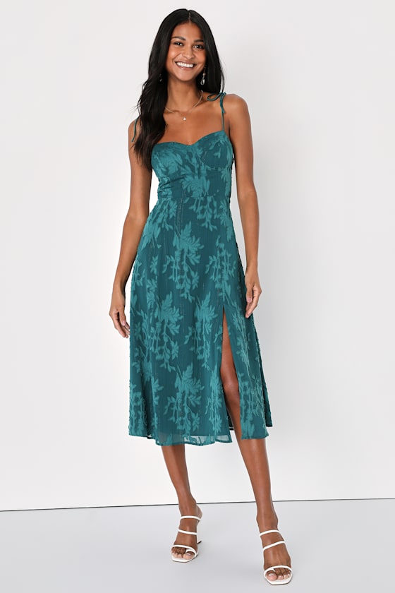 Loveliest Looks Dusty Blue Floral Jacquard Tie-Strap Midi Dress