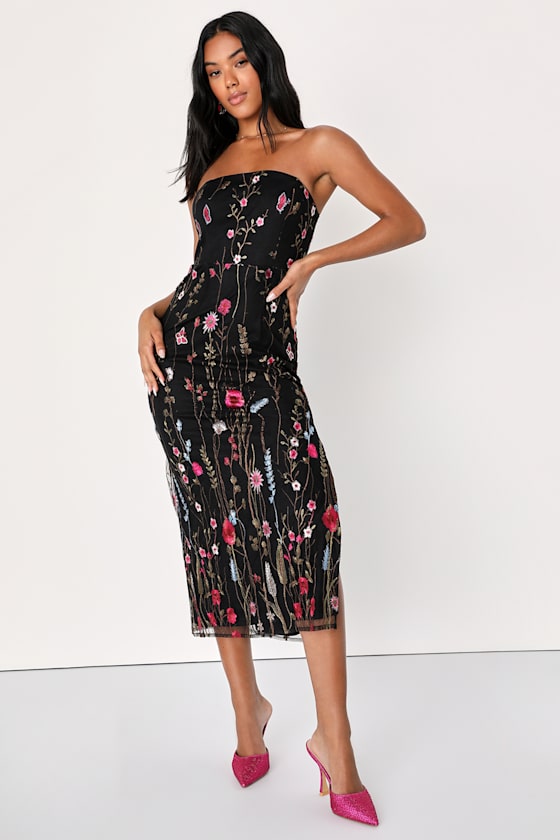 Bold Botanicals Pink Floral Embroidered Strapless Midi Dress