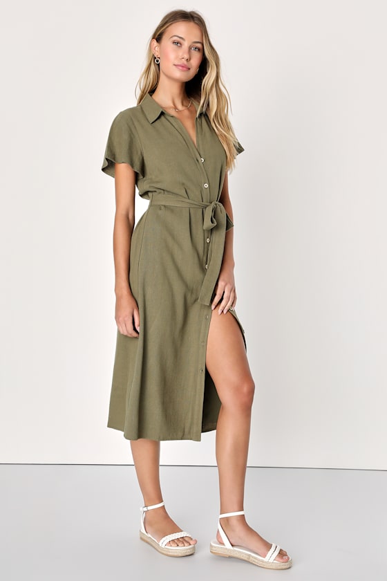Italian Summer Beige Linen Midi Dress