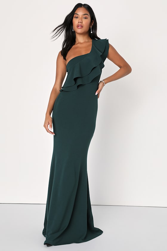 Grand Beauty Black Ruffled One-Shoulder Mermaid Maxi Dress