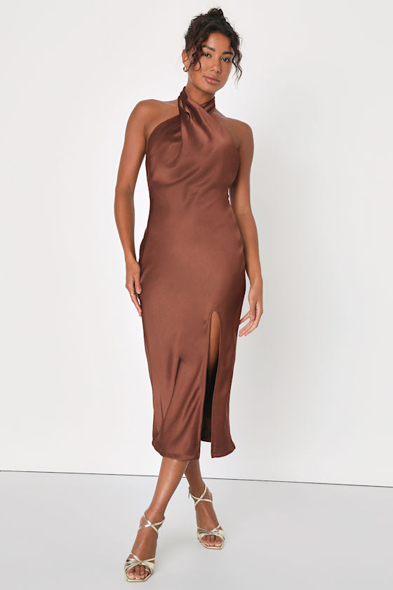 Beyond Classy Hot Pink Satin Halter Midi Dress