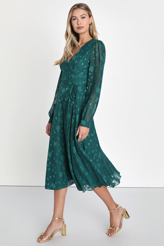 Evening of Elegance Black Floral Jacquard Wrap Midi Dress