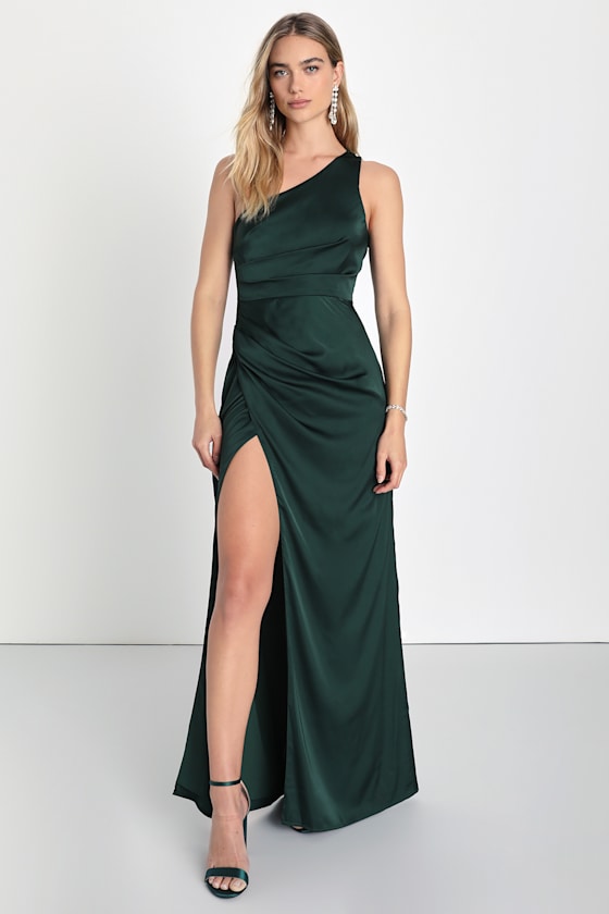Dreaming of Elegance Black Satin One-Shoulder Maxi Dress