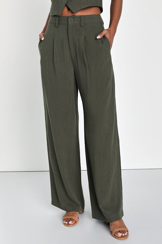 Suits You Perfectly Dark Blue Linen Wide-Leg Pants