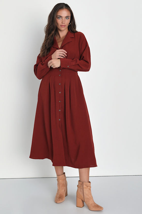 Timeless Class Dark Green Collared Button-Up Pleated Midi Dress