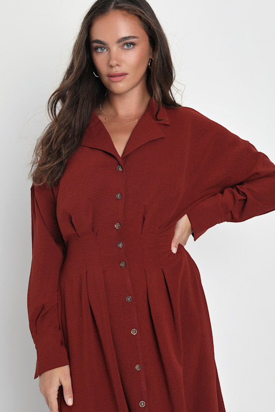 Timeless Class Dark Green Collared Button-Up Pleated Midi Dress