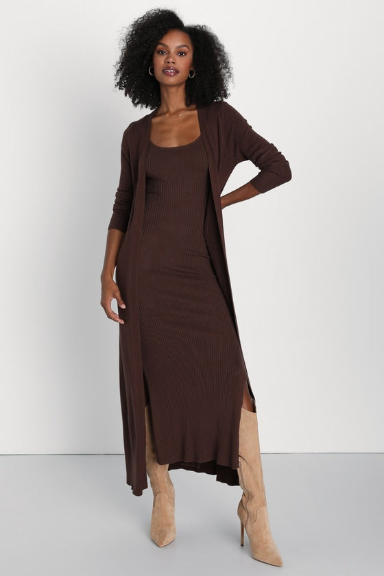 Layer Lover Rust Red Ribbed Knit Two-Piece Dress & Cardigan Set