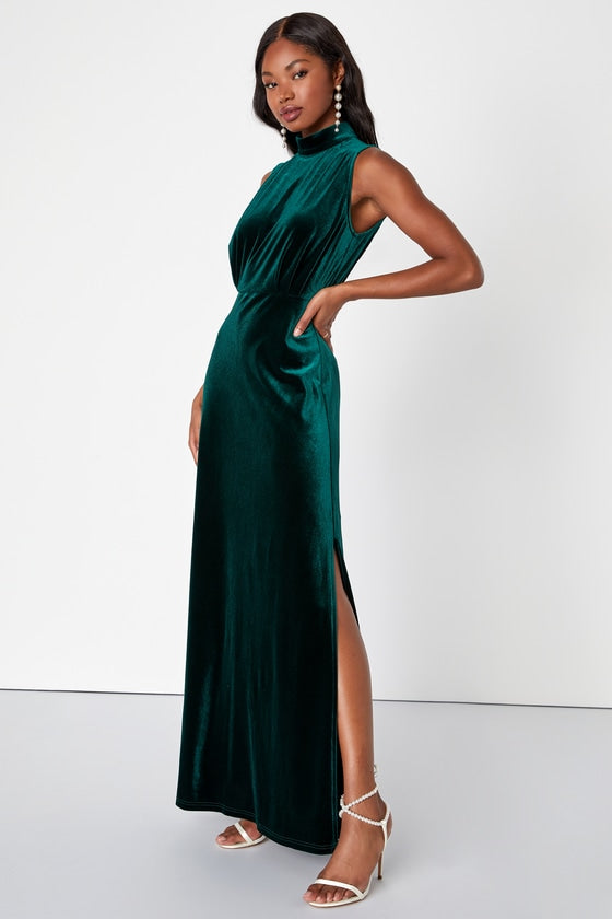 Classic Elegance Brown Velvet Sleeveless Mock Neck Maxi Dress