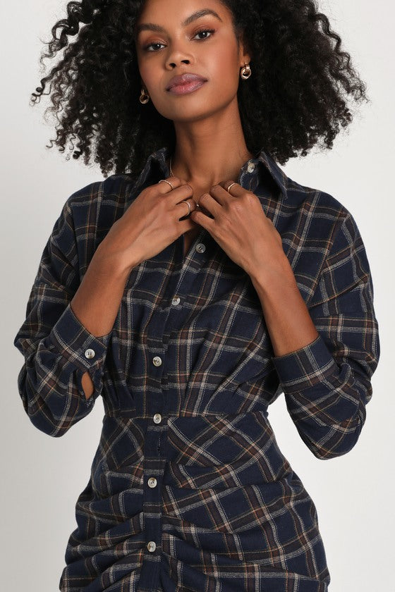 Seasonal Spirit Taupe Plaid Ruched Long Sleeve Midi Dress
