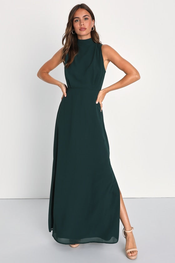 Classic Elegance Emerald Chiffon Sleeveless Mock Neck Maxi Dress