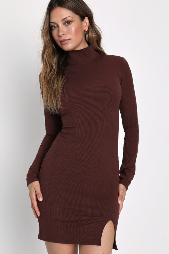 Sweet Season Black Ribbed Mock Neck Long Sleeve Bodycon Dress