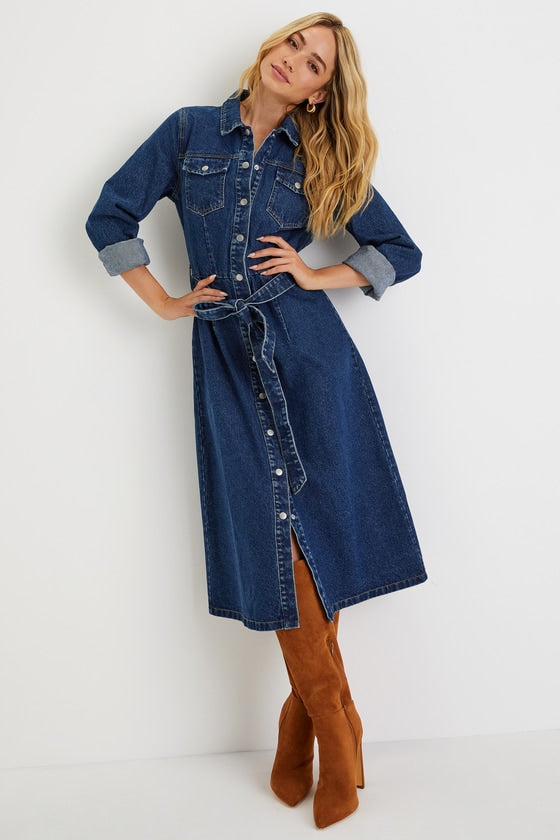 Edgy Instinct Dark Wash Denim Long Sleeve Midi Dress