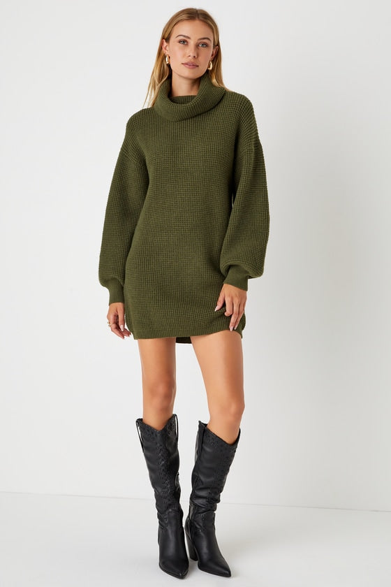 Casual Coziness Ivory Waffle Knit Cowl Neck Sweater Dress