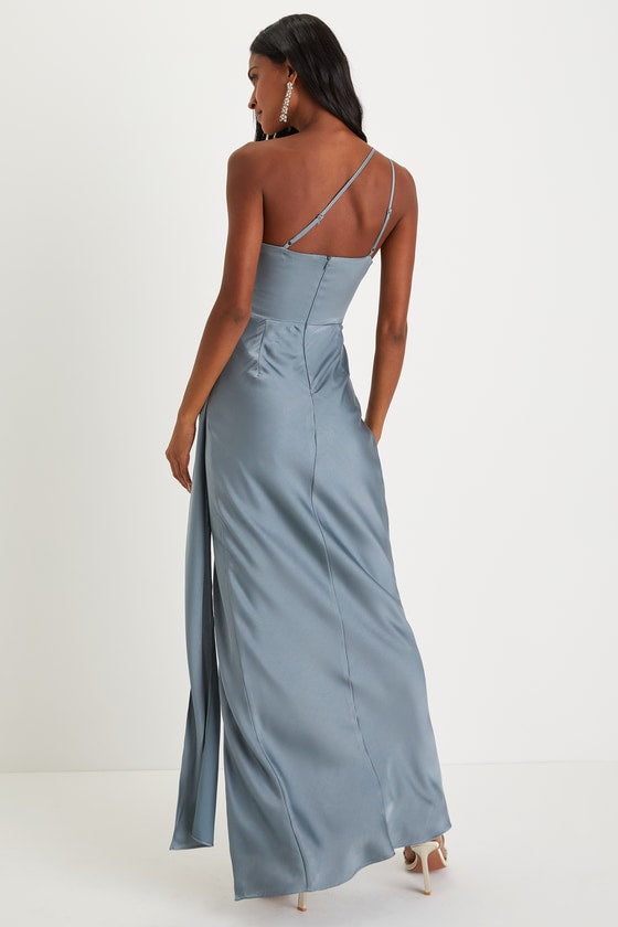 Signature Elegance Navy Satin One-Shoulder Maxi Dress