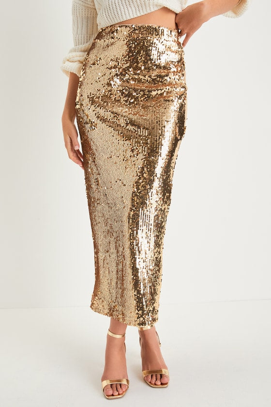 Dazzling Appearance Emerald Sequin High-Rise Midi Skirt