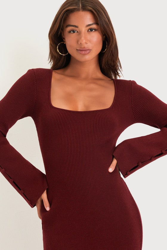 Classy Attitude Burgundy Ribbed Square Neck Midi Sweater Dress