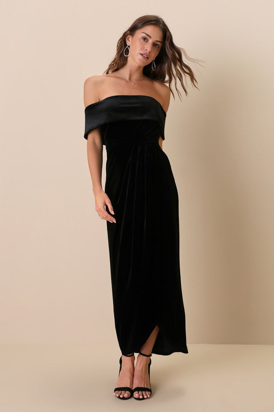 I'm Enchanted Navy Blue Velvet Off-the-Shoulder Maxi Dress