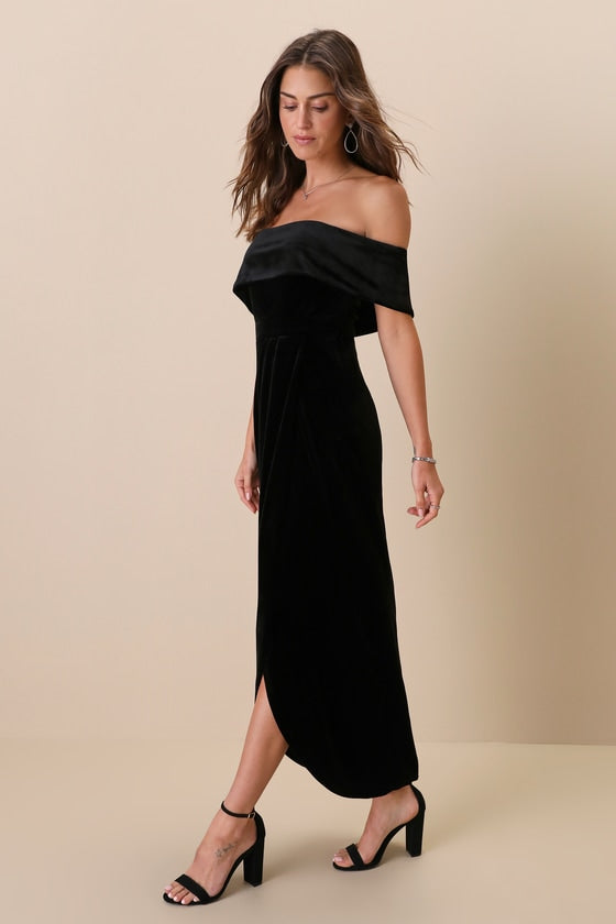 I'm Enchanted Navy Blue Velvet Off-the-Shoulder Maxi Dress
