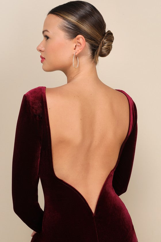 Va Va Voom Royal Blue Velvet Backless Long Sleeve Midi Dress