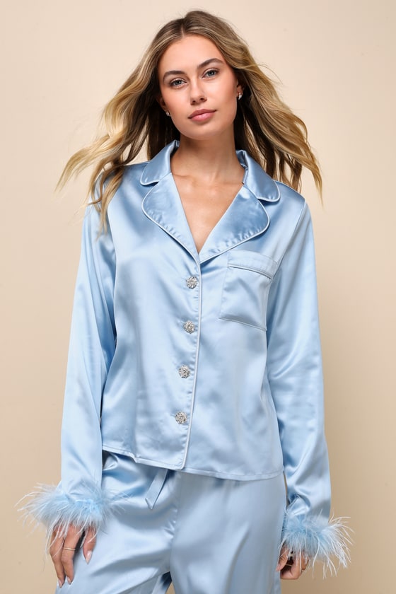 Dreamiest Delight White Satin Feather Two-Piece Pajama Set