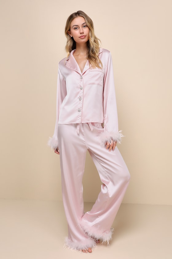 Dreamiest Delight White Satin Feather Two-Piece Pajama Set