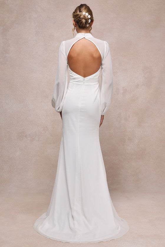 Graceful Love White Long Sleeve Backless Mermaid Maxi Dress