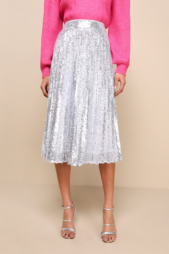 Glamorous Occasion Rose Gold Sequin Pleated Midi Skirt