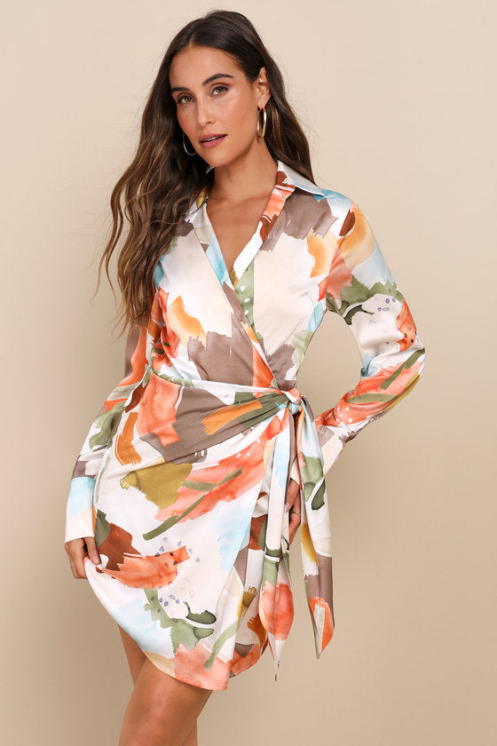 Painterly Perfection Slate Blue Satin Wrap Mini Dress