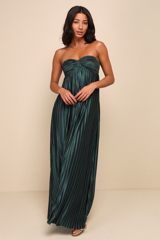 Whimsical Beauty Dark Purple Satin Plisse Strapless Maxi Dress