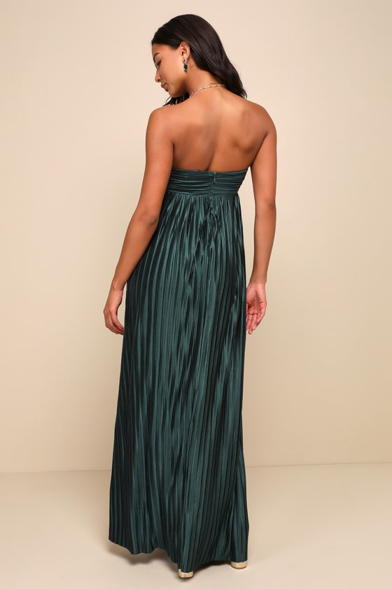 Whimsical Beauty Black Satin Plisse Strapless Maxi Dress