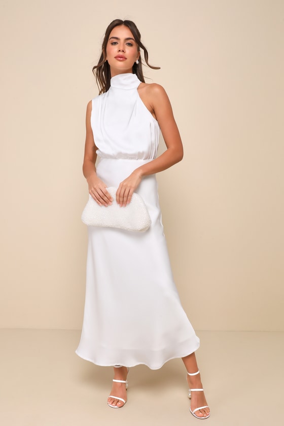 Distinctive Charm Navy Satin Asymmetrical Midi Dress