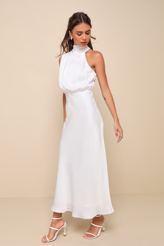 Distinctive Charm Navy Satin Asymmetrical Midi Dress