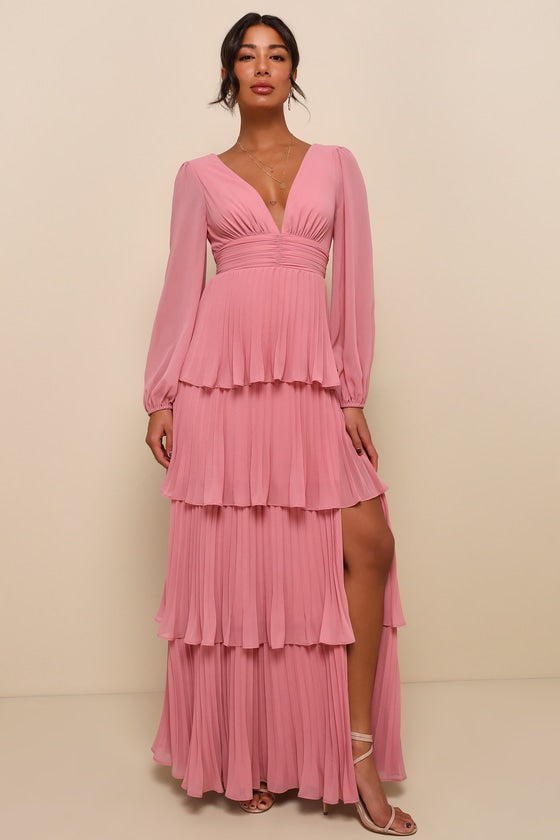 Graceful Finesse Olive Green Pleated Long Sleeve Maxi Dress