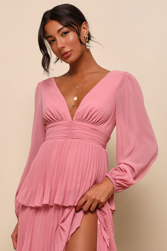 Graceful Finesse Plum Pleated Long Sleeve Maxi Dress