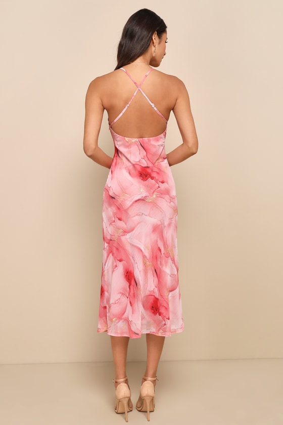 Bright Charm Light Blue Abstract Print Chiffon Slip Midi Dress