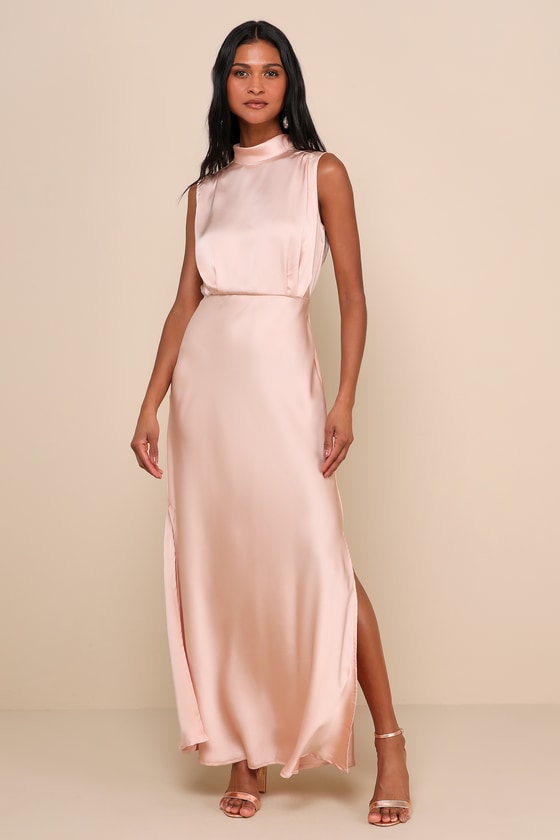 Classic Elegance Navy Satin Sleeveless Mock Neck Maxi Dress
