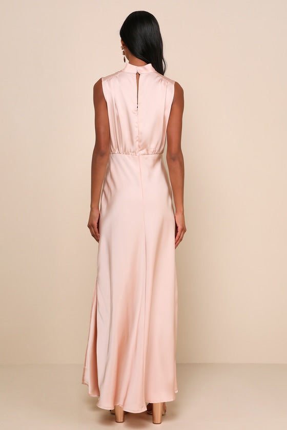 Classic Elegance Olive Satin Sleeveless Mock Neck Maxi Dress