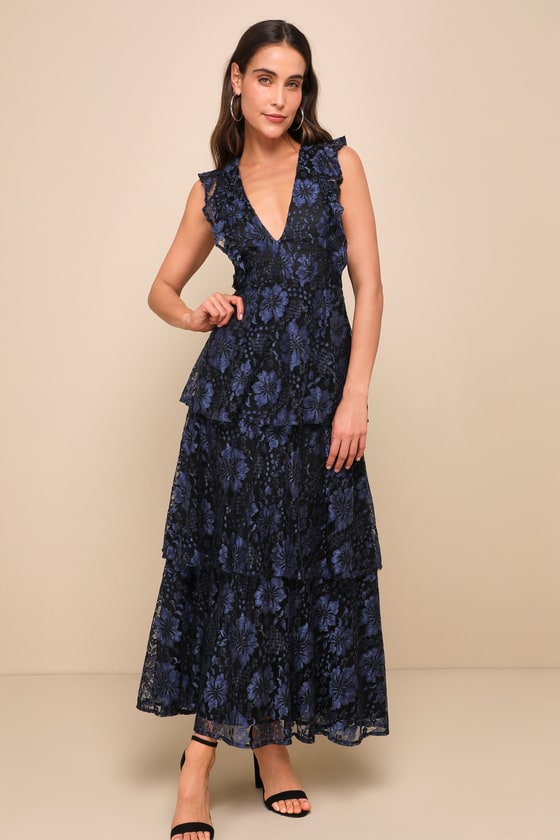 Molinetto Burgundy Lace Ruffled Tiered Sleeveless Maxi Dress