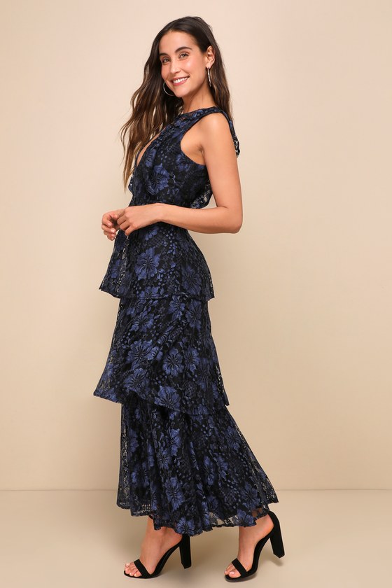 Molinetto Burgundy Lace Ruffled Tiered Sleeveless Maxi Dress