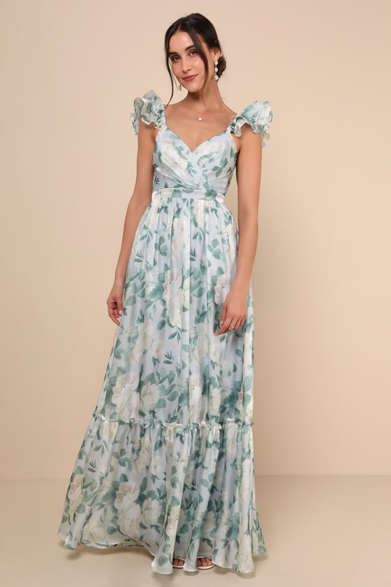 Soiree Perfection Green Floral Ruffled Tiered Maxi Dress