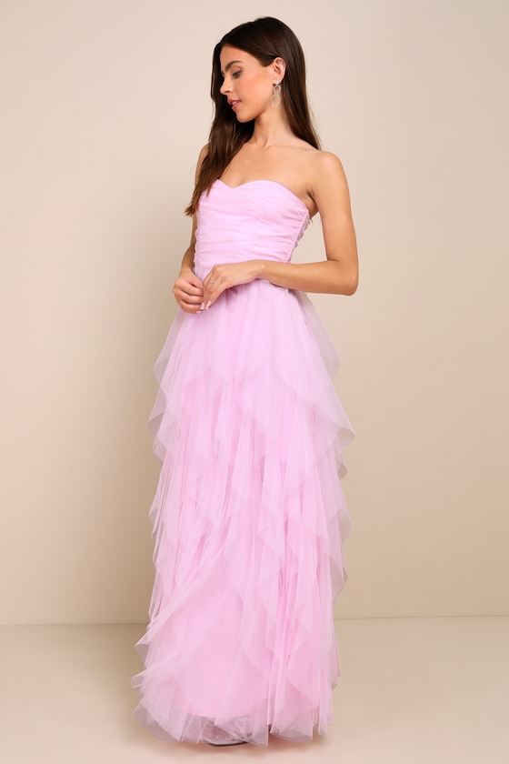 Delightful Beauty Yellow Strapless Ruched Ruffled Maxi Dress