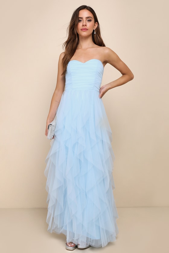 Delightful Beauty Pink Mesh Strapless Ruched Ruffled Maxi Dress