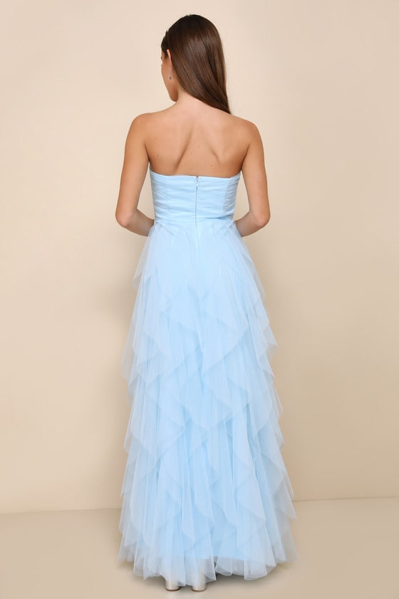 Delightful Beauty Yellow Strapless Ruched Ruffled Maxi Dress