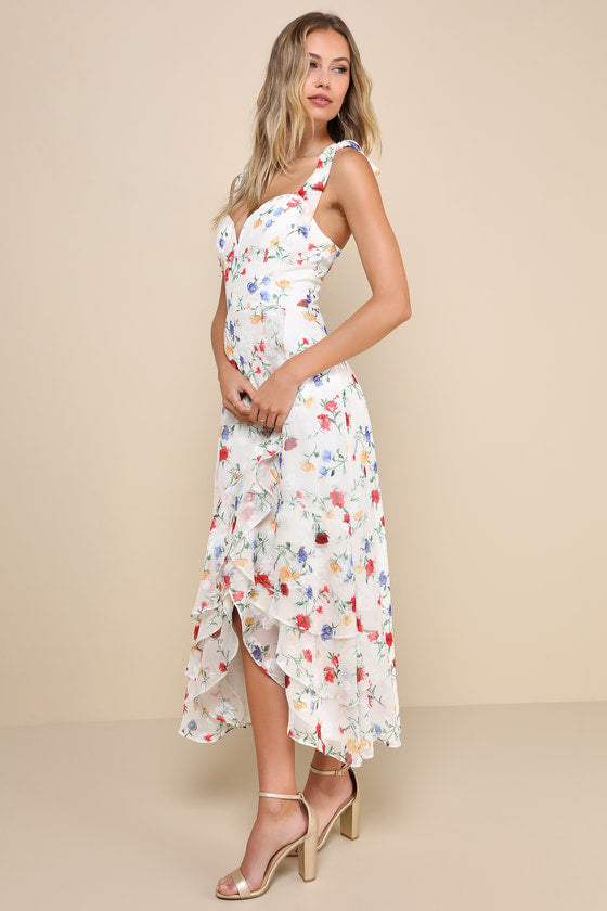 So Elevated Blue Floral Jacquard Tie-Strap High-Low Midi Dress